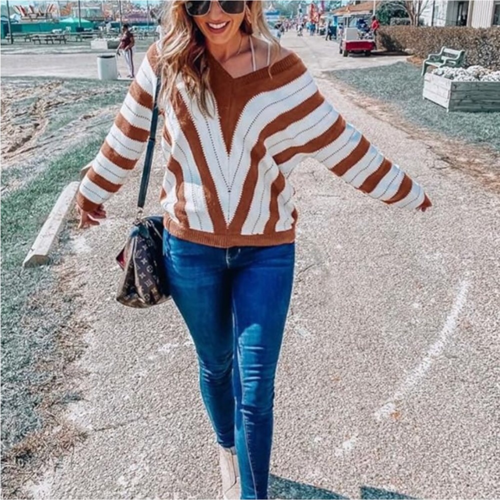 Long Sleeve Brown & White V Neck Sweater